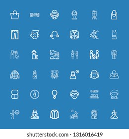 Editable 36 female icons for web and mobile. Set of female included icons line Dress, Eskimo, Waiting room, Jacket, Clerk, Disgusted, Barman, Woman, Necklace on blue background