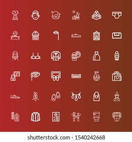 Editable 36 female icons for web and mobile. Set of female included icons line Woman, Wc, Couple, Profile, Jacket, Perfume, Witch, Nails, Necklace, Shoes, Shopping bag on red