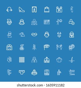 Editable 36 female icons for web and mobile. Set of female included icons line Changing room, Mythology, Robe, Avatar, Underwear, Pads, Hair, Purse, Waiting room on blue background