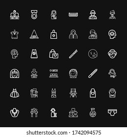 Editable 36 female icons for web and mobile. Set of female included icons line Underwear, Insemination, Couple, Operator, Necklace, Maid, Nails, Cosplayer on black background