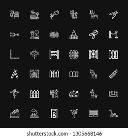 Editable 36 fence icons for web and mobile. Set of fence included icons line Mower, Fence, Gardener, Security gate, Lawn, Gardening, Red carpet, Scarecrow on black background