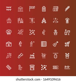 Editable 36 festival icons for web and mobile. Set of festival line icons including: Ticket, Confetti, Portable toilets, Fireworks, Magic, Lantern, Balloon, Rock, Party, Guitar on red