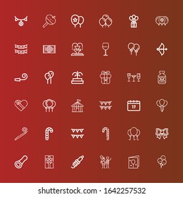 Editable 36 festive icons for web and mobile. Set of festive included icons line Balloons, Birthday card, Balloon, Spark, Gift box, Opener, Bow, Candy cane, Garlands, Party blower on red