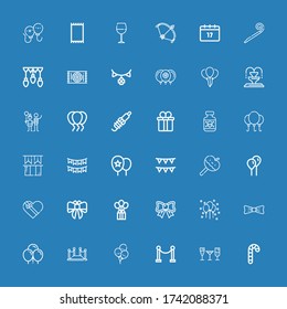 Editable 36 festive icons for web and mobile. Set of festive included icons line Candy cane, Stemware, Red carpet, Balloons, Bow, Balloon, Gift box, Caramelized apple on blue background