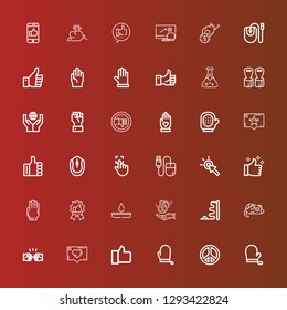 Editable 36 finger icons for web and mobile. Set of finger included icons line Gloves, Peace sign, Like, Fist, Mouse, Donation, Blood test, Recommendation, Hand, Thumbs up on red