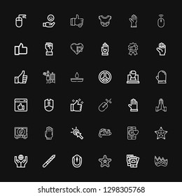 Editable 36 finger icons for web and mobile. Set of finger included icons line Knuckle, Gloves, Starfish, Mouse, Nail file, Donation, Like, Cursor, Hand, Orthopedic on black background