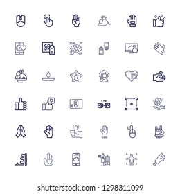 Editable 36 finger icons for web and mobile. Set of finger included icons line Hand, Body, Smoker, Like, Mouse, Maloik, Gloves, Thumbs up, Donation, Selection on white background