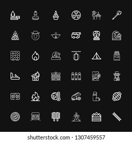 Editable 36 fire icons for web and mobile. Set of fire included icons line Ladder, Flood, Volcano, Grill, Cabin, Barbecue, Thermo, Stair truck, Global warming on black background