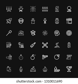 Editable 36 fire icons for web and mobile. Set of fire included icons line Bomb, Earthquake, Candle, Tent, Thermos, Magic, Gun, Lighter, Oil, Bonfire, Mining on black background