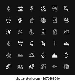 Editable 36 fire icons for web and mobile. Set of fire included icons line Bbq, Blowpipe, Rocket, Fire, Earthquake, Meteorite, Candle, Stair truck, Candles on black background