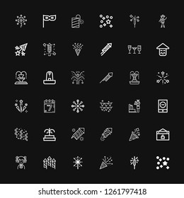 Editable 36 fireworks icons for web and mobile. Set of fireworks included icons line Confetti, Sparkler, Fireworks, Chinese, Event, Party, Petard, Fountain on black background