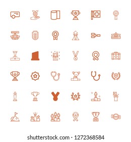 Editable 36 first icons for web and mobile. Set of first included icons line Badge, Trophy, Ribbon, Winning, Win, Achievement, Awards, Laurel, Medal, Championship on white background