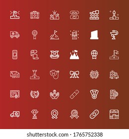 Editable 36 first icons for web and mobile. Set of first included icons line Pedestal, Plaster, Medal, Ribbon, Trophy, Ambulance, Medical appointment, Bandage, Award, Merit on red