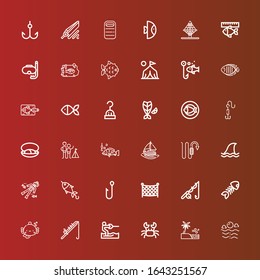 Editable 36 fishing icons for web and mobile. Set of fishing included icons line Sea, Crab, Water ski, Fishing rod, Fish, Fish bone, net, Hook, Scuba diving on red