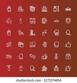 Editable 36 fist icons for web and mobile. Set of fist included icons line Thumbs up, Force, Freedom, Gloves, Punching bag, Boxing bag, Glove, Knuckle, Thumb up, Boxing gloves on red