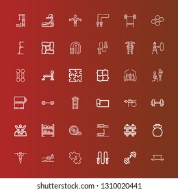 Editable 36 fit icons for web and mobile. Set of fit included icons line Exercise, Barbell, Jumping rope, Puzzle, Fitness, Kettlebell, Dumbbell, Weight plates, Yoga, Yoga mat on red