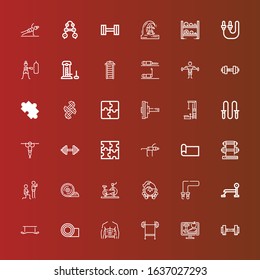 Editable 36 fit icons for web and mobile. Set of fit included icons line Dumbbell, Lifestyle, Bench press, Abs, Yoga mat, Exercise, Jumping rope, Fitness, Stationary bike on red