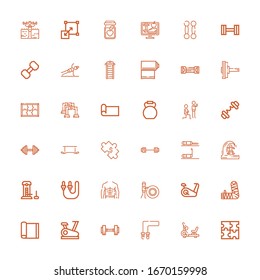 Editable 36 fit icons for web and mobile. Set of fit included icons line Puzzle, Stationary bike, Jumping rope, Dumbbell, Yoga mat, Arm, Fitness, Abs, Skip rope on white background