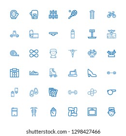 Editable 36 fitness icons for web and mobile. Set of fitness included icons line Bellboy, Weight, Arms, Gloves, Gym station, Pool, Whistle, Dumbbell, Shoes on white background