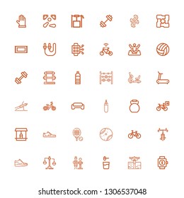 Editable 36 fitness icons for web and mobile. Set of fitness included icons line Smartwatch, Fitness, Powder, Nutritionist, Balance, Sneakers, Bicycle, Tennis ball on white background