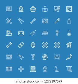 Editable 36 fix icons for web and mobile. Set of fix included icons line Maintenance, Glue, Mechanic, Window, Cross wrench, Windows, Ratchet, Fixed, Screw, Plier on blue background