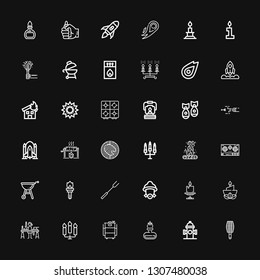 Editable 36 flame icons for web and mobile. Set of flame included icons line BBQ grill, Hydrant, Fire, Barbecue, Candles, Candle making, Candle, Firefighter on black background