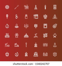 Editable 36 flame icons for web and mobile. Set of flame included icons line Candles, Emergency sign, Troglodyte, Bonfire, Firefighter, Fire, Stove, Candle, Match, Firewood on red