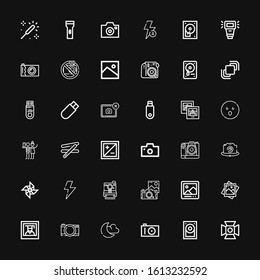 Editable 36 flash icons for web and mobile. Set of flash included icons line Spotlight, Hard disk, Photo camera, Night mode, Camera, Photography, Photo, Digital picture frame on black background