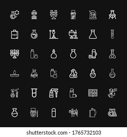 Editable 36 flask icons for web and mobile. Set of flask included icons line Flask, Hip Scientist, Thermo, Magician, Chemistry, Tube, Test tube, Potion on black background