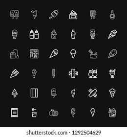 Editable 36 flavor icons for web and mobile. Set of flavor included icons line Ice cream, Tomato, Powder, Chewing gum, Popsicle, Gum, Seasoning, Tea bag, Shaker on black background