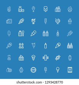 Editable 36 flavor icons for web and mobile. Set of flavor included icons line Powder, Ice cream, Salt, Tomato, Peppermint, Gum, Cream, Sauce, Mayonnaise, Condiment on blue background