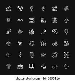 Editable 36 flight icons for web and mobile. Set of flight included icons line Airplane, Sleeping mask, Helicopter, Seat, Parachute, Drone, Flight information on black background