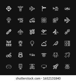 Editable 36 flight icons for web and mobile. Set of flight included icons line Ladybug, Rocket launch, Zeppelin, Drone, Flight information, Sleeping mask, Airplane on black background