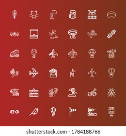 Editable 36 iconos de vuelo para web y móvil. El juego de vuelos incluye la línea de iconos Información de vuelo, esquí acuático, Windsock, globo de aire caliente, pájaro, cinturón de seguridad, insecto de labio, avión en rojo