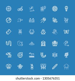 Editable 36 fly icons for web and mobile. Set of fly included icons line Balloon, Caterpillar, Seats, Insecticide, Bee, Balloons, Globe, Science fiction, World on blue background