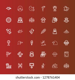 Editable 36 flying icons for web and mobile. Set of flying included icons line Superhero, Swan, Swallow, Peace, Jetpack, Airport, Magic book, Ovni, Pilot, Eagle, Feeder on red