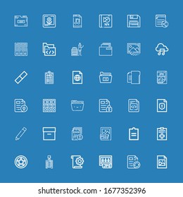 Iconos editables de 36 carpetas para web y móvil. Conjunto de carpetas incluidos iconos línea Jpeg, Archivo, Jpg, Drawer, Protección de datos, Documento, Archivo Psd, Archivo, Botón Editar en fondo azul