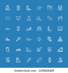 Editable 36 foot icons for web and mobile. Set of foot included icons line Boot, Pedal, Football, Crutch, Dog, Shoe, Sandals, Socks, Cemetery, Body, Sneakers on blue background