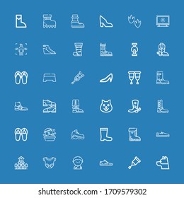 Editable 36 foot icons for web and mobile. Set of foot included icons line Dog, Crutch, Sneaker, Soccer player, Body, Cemetery, Shoes, Boots, Sandals, Boot on blue background