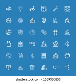 Editable 36 football icons for web and mobile. Set of football included icons line Dodge, Whistle, School, Referee, Balls, Penalty, Ball, Volleyball, Punching ball on blue background