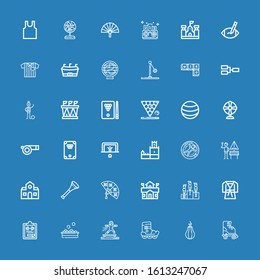 Editable 36 football icons for web and mobile. Set of football included icons line Roller skate, Punching ball, Sport, Balls, Gym file, Judo, Competition, School on blue background