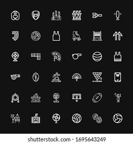 Editable 36 football icons for web and mobile. Set of football included icons line Ball, Billiard, Volleyball, Fan, School, German, Toga, Football, Penalty on black background