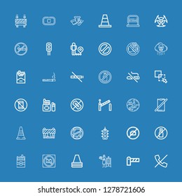 Editable 36 forbidden icons for web and mobile. Set of forbidden included icons line No calls, Barrier, Smoker, Cone, No photo, Cigarette, No liquids, No camera on blue background