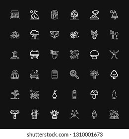 Editable 36 forest icons for web and mobile. Set of forest included icons line Trees, Pine tree, Volcano, Fern, Bamboo, Palm tree, Tree, Mushroom, Sleeping bag on black background