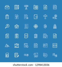 Editable 36 form icons for web and mobile. Set of form included icons line Notepad, Evaluation, Exam, Balcony, List, Sheet, Record, Web page, File, Boarding on blue background