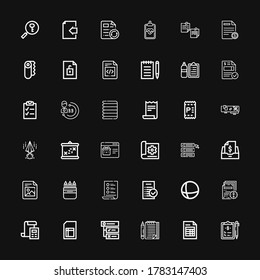 Editable 36 iconos de formulario para web y móvil. Conjunto de formularios incluidos iconos línea Portapapeles, Factura, Lista, Tareas, Hoja, Facturación, Archivo, Reja terrestre, Cuadro de lápiz, Impuestos sobre fondo negro