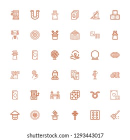 Editable 36 fortune icons for web and mobile. Set of fortune included icons line Sweep, Dice, Chinese knot, Magic, Chinese food, Chinese, Taurus, Gamblers on white background