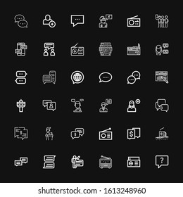 Editable 36 forum icons for web and mobile. Set of forum included icons line Chat, Radio, Speech, Add user, Talk, Blog, Feedback, Talking, Answer on black background