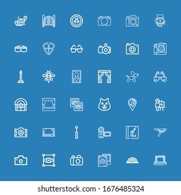 Editable 36 frame icons for web and mobile. Set of frame included icons line Stage, Rainbow, Pictures, Camera, Focus, Photo camera, Saddle, Album, Mirror, Easel on blue background