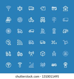Editable 36 free icons for web and mobile. Set of free included icons line Delivery, Truck, Wifi, Wireless, Vegan food, Slavery, Sugar, Signal, Delivery truck on blue background